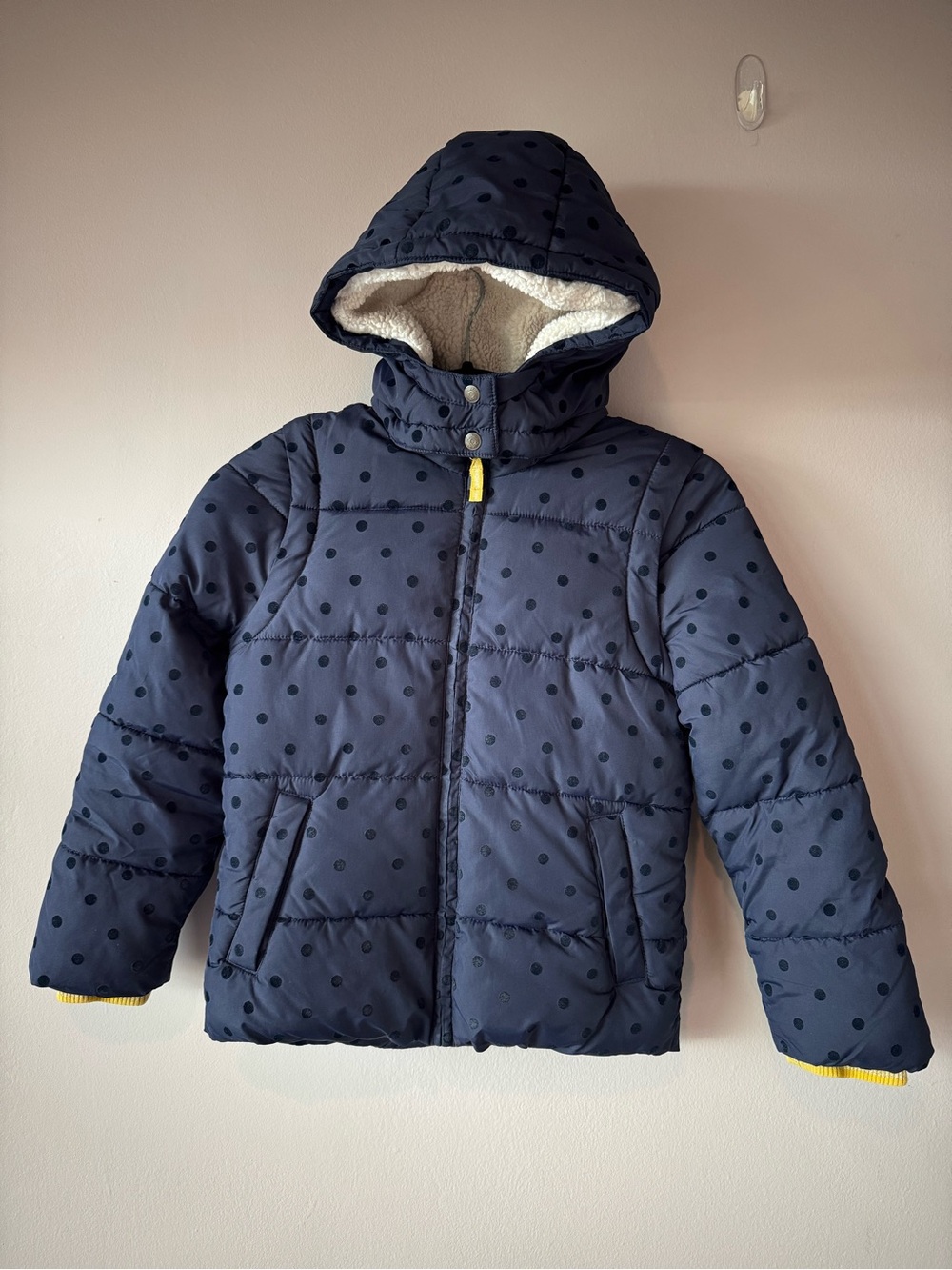 Mini Boden Girls Fleece Lined Hooded Navy Polka Dot Puffer Coat Jacket 7-8 Years
